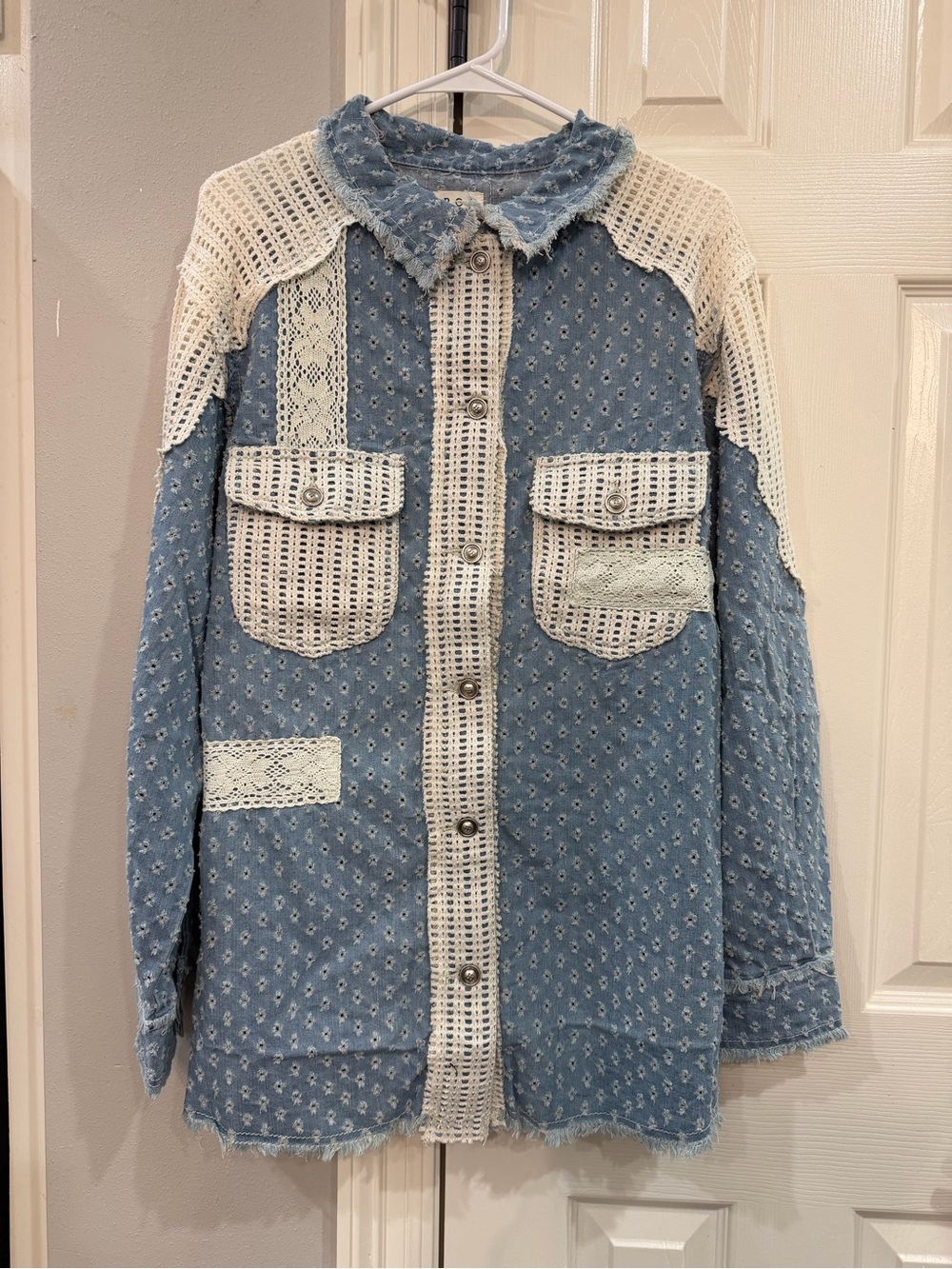 POL Blue and White Patchwork Denim Shirt Jacket sz M- NWOT - Picture 5 of 8